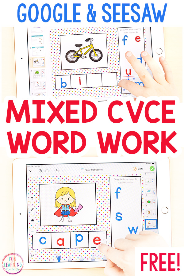 A free CVCe word building activity on an iPad. You can use on Seesaw and Google Slides.