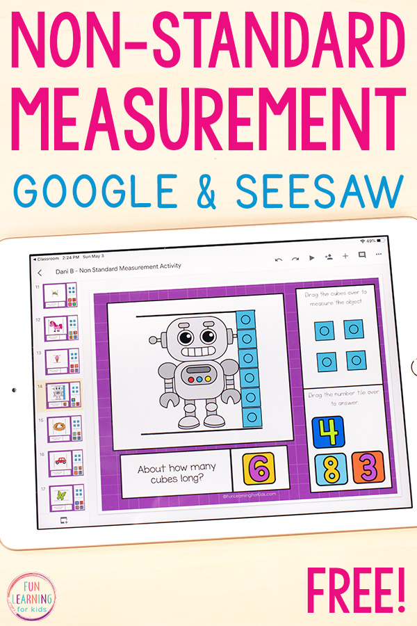 Non-standard measurement activity on an iPad using Google Slides and Seesaw.