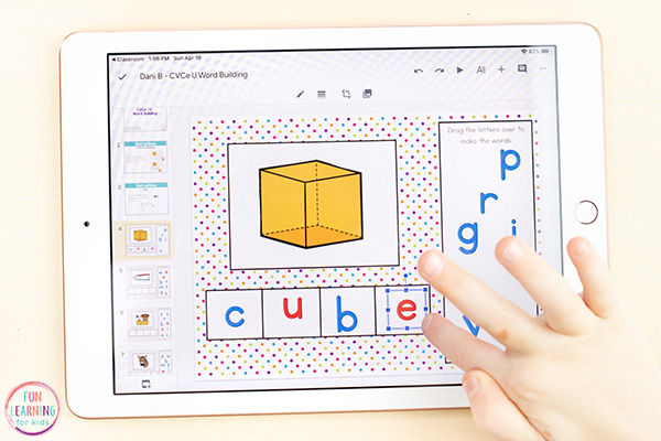 A free mixed CVCe activity for Google Slides ad Seesaw. Shows a cube illustration and students use virtual letter magnets that are on the right side of the screen to build the word illustrated - in this case the word cube.