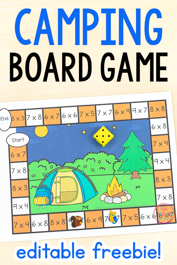 A printable board game with camping theme pictures in the middle. Type in math facts, phonics skill words, spelling words. 