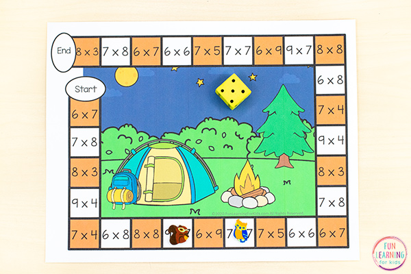 Teach a variety of math and literacy skills with a fun editable camping theme board game. Just print and play!