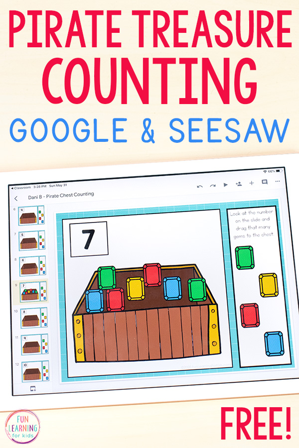 Pirate treasure counting activity for Google Slides and Seesaw. Shows activity on an iPad. Shows the number 7 and a pirate chest with 7 gems inside of it. 