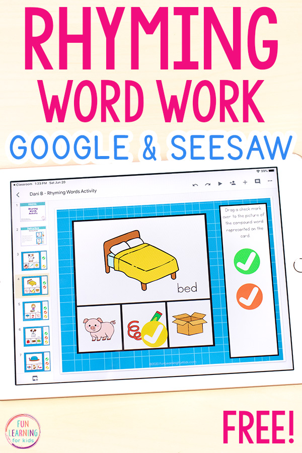 Rhyming words literacy activity to use on Seesaw or Google Slides.