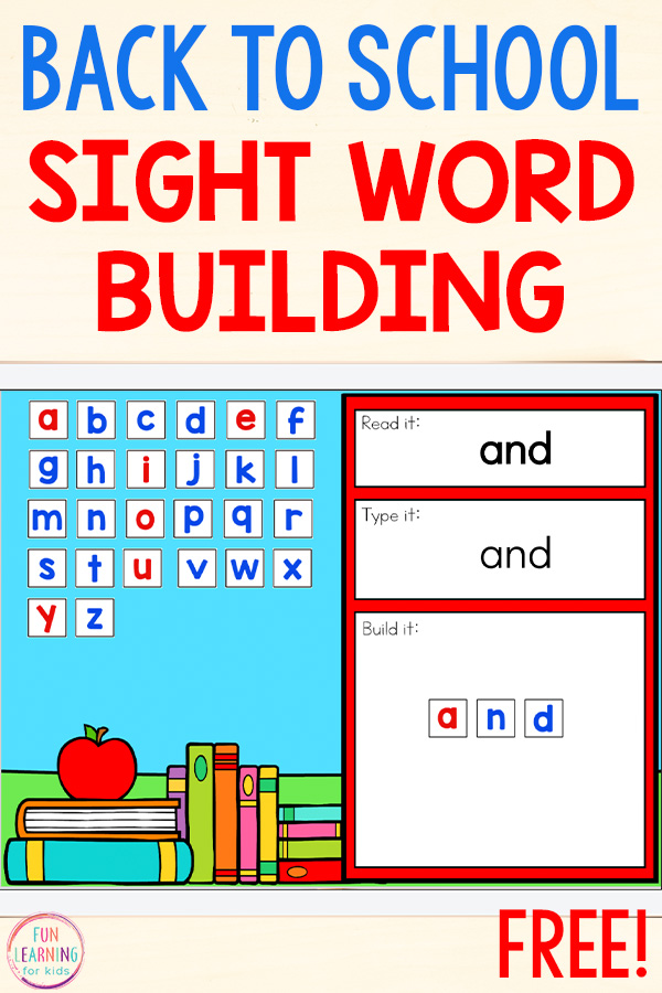 Back to school themed sight word building mats on a tablet. Use on Google Slides or Seesaw.
