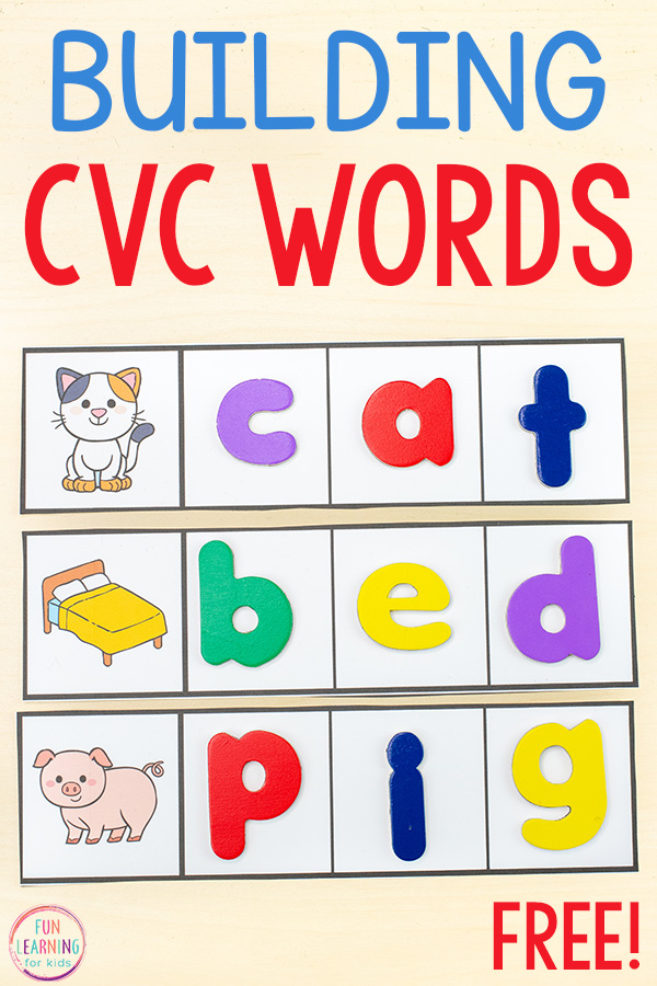CVC word building strips for literacy centers in kindergarten or first grade.