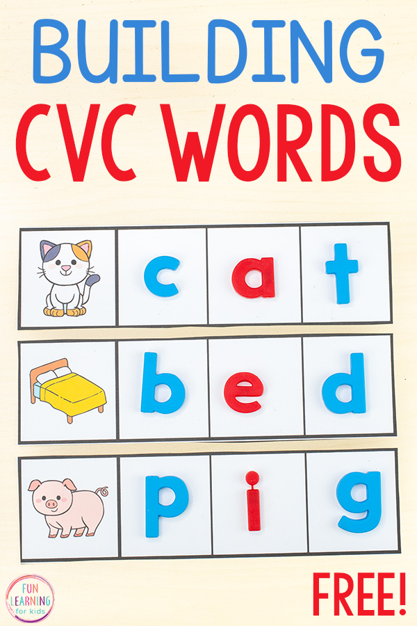 CVC word building activity for kids. Shows a CVC word picture and then 3 blank boxes to build the word in.