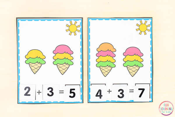 Teaching addition within 10 with these ice cream theme math task cards. Students use number tiles to build the number sentence illustrated on the card.