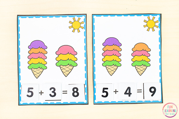 Ice cream theme addition to 10 task cards. Students use number tiles to make the addition sentence on the card.