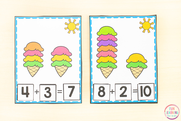 Addition to 10 ice cream theme task cards. Two ice cream scoops with a number of scoops on it and students add them together and make an addition sentence with number tiles.