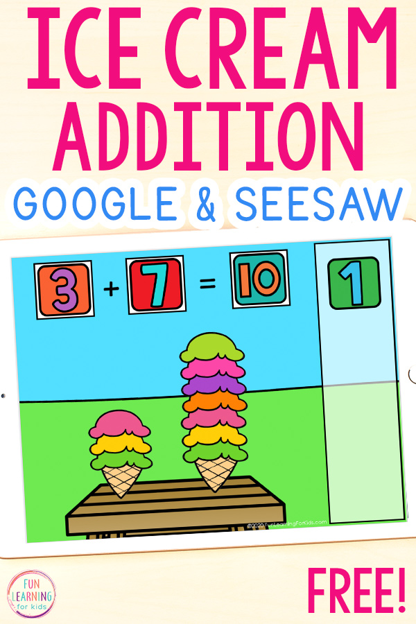 Ice Cream Addition to 10 activity on an iPad. Use on Google Slides or Seesaw. 