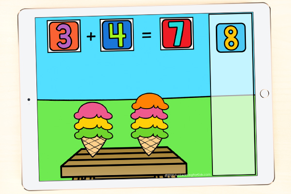 Ice cream theme math activity for teaching addition within 10.