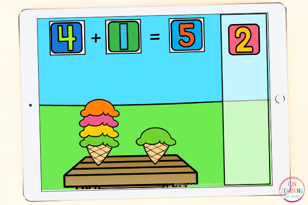 A fun ice cream theme math activity for teaching addition within ten.