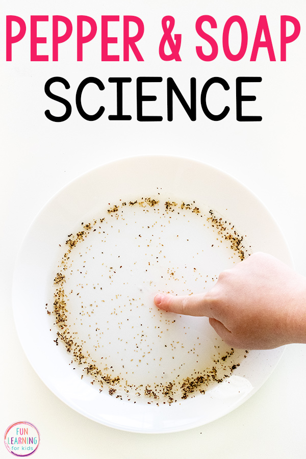 Pepper and soap science experiment for kids. Shows a plate with water and paper on it and the pepper has moved to the outer edges of the plate. 