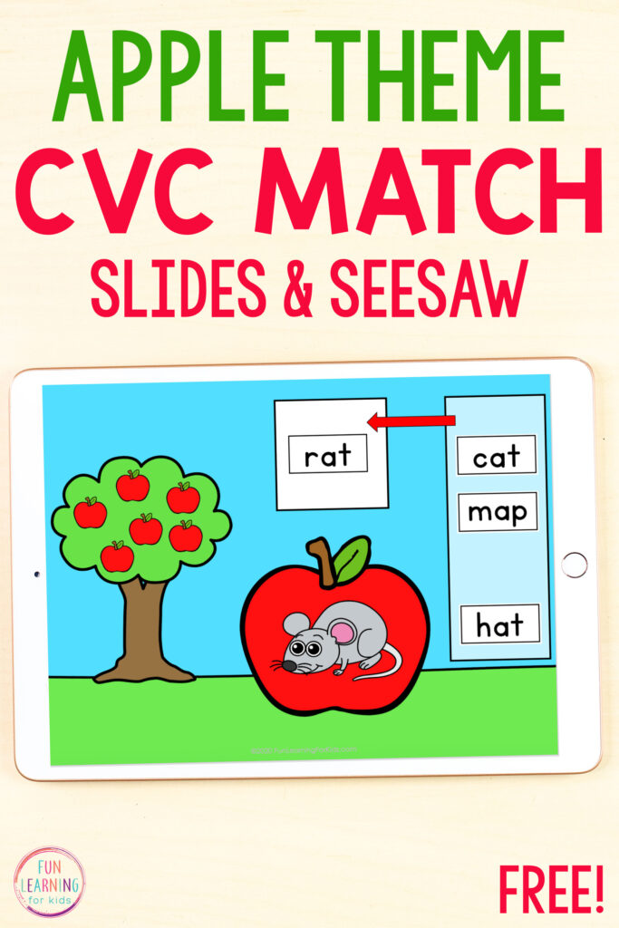 Apple theme CVC activity for Google Slides and Seesaw. Read the words and drag the one that matches the picture over.