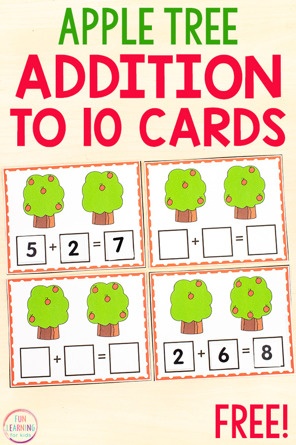 Free printable apple addition within ten activity for kindergarten and first grade.