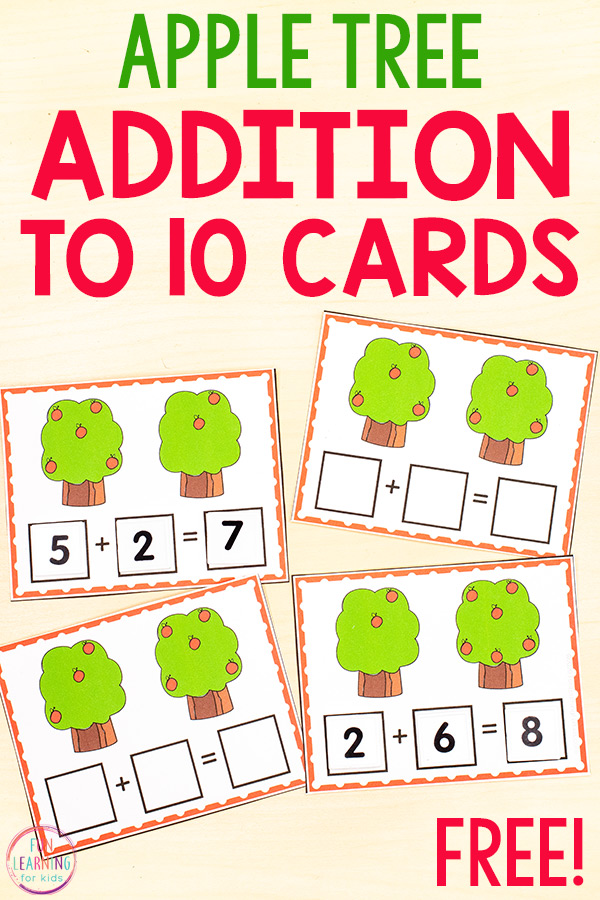 Free printable apple tree addition to 10 cards. Count apples on both trees and then create a number sentence with number tiles. 