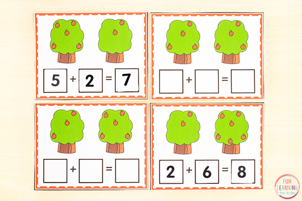 Free printable fall apple addition activity for kindergarten and first grade.