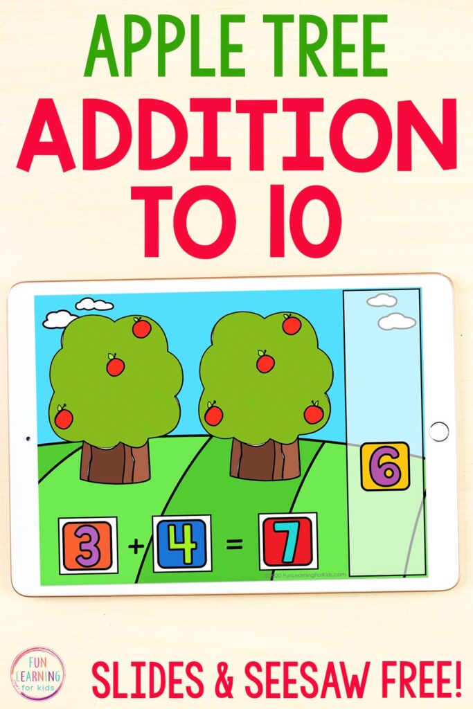 Free apple theme math activity for Google Slides and Seesaw. Students count apples on two trees and add together. Then drag number tiles over to make the matching number sentence.