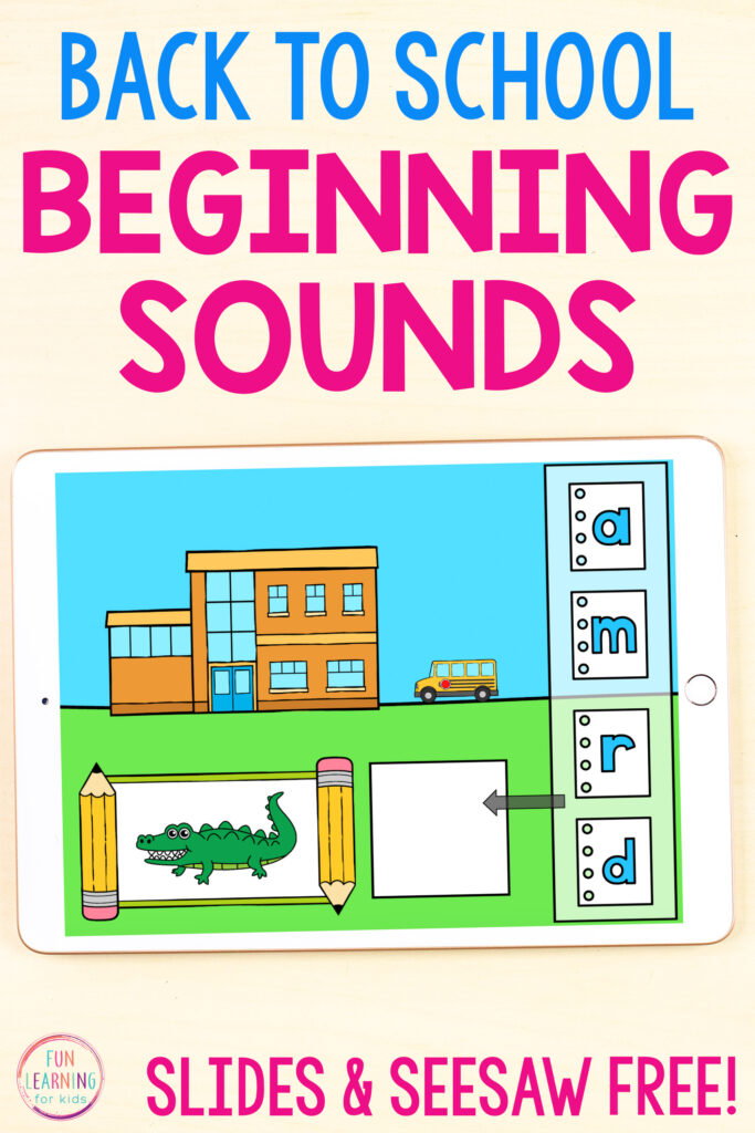 A fun back to school theme beginning sounds activity for students to use on Seesaw and Google Slides.