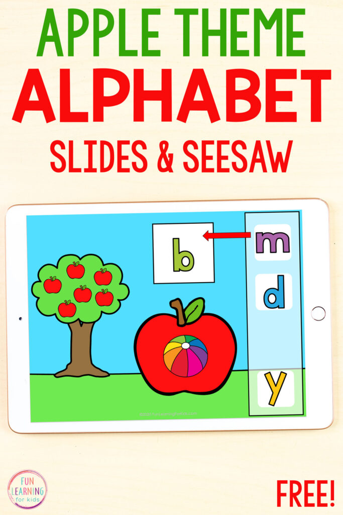 Free apple theme alphabet activity for Seesaw and Google Slides.
