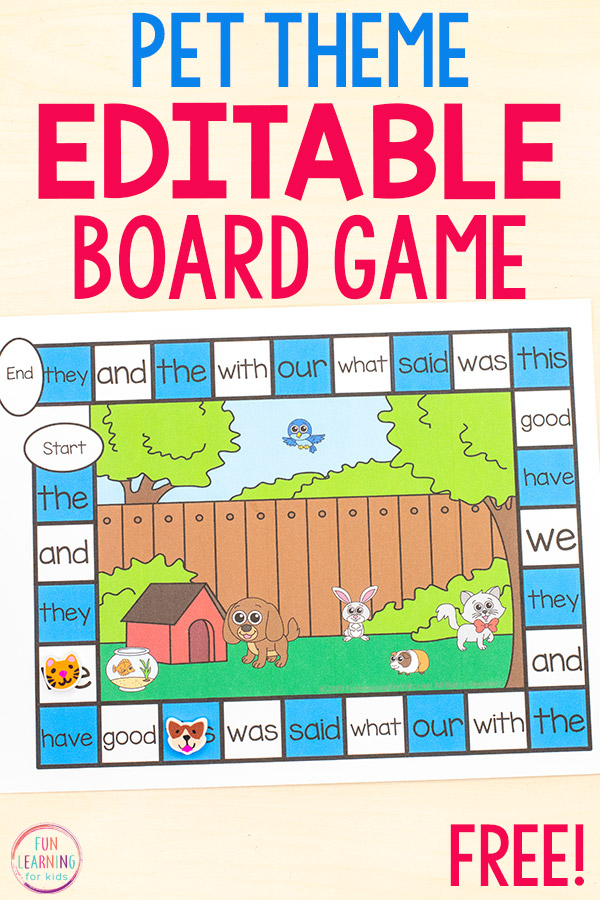A fun pet theme editable board game. Type in sight words, math facts, words with blends or digraphs, CVC words and more!