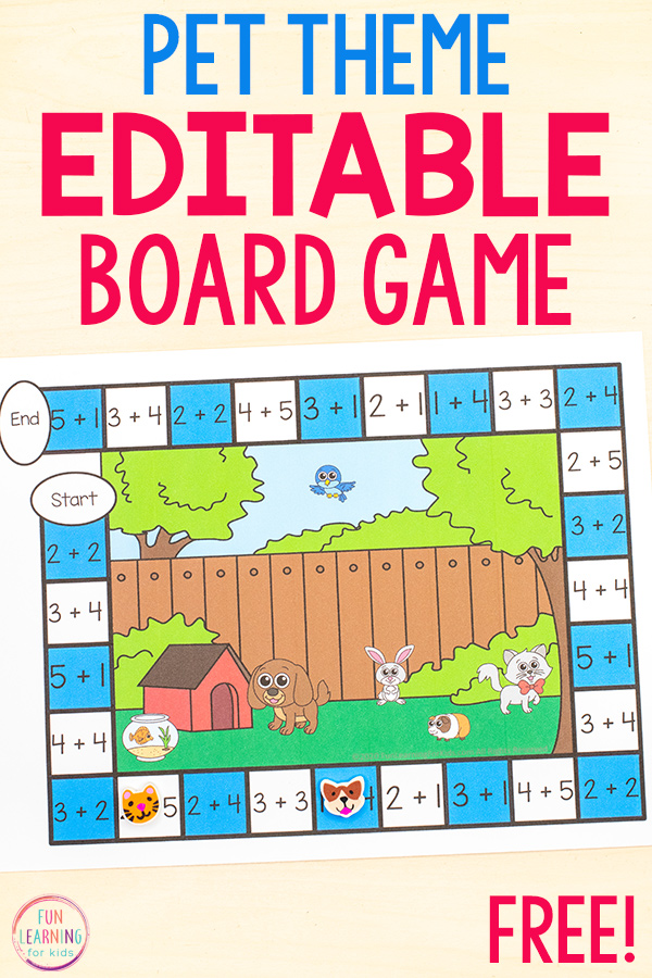 Pet theme board game for your math and literacy centers in kindergarten, first grade, second grade, or third grade.