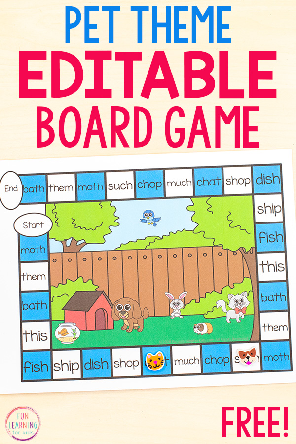 A free printable pet theme board game for your math and literacy centers.