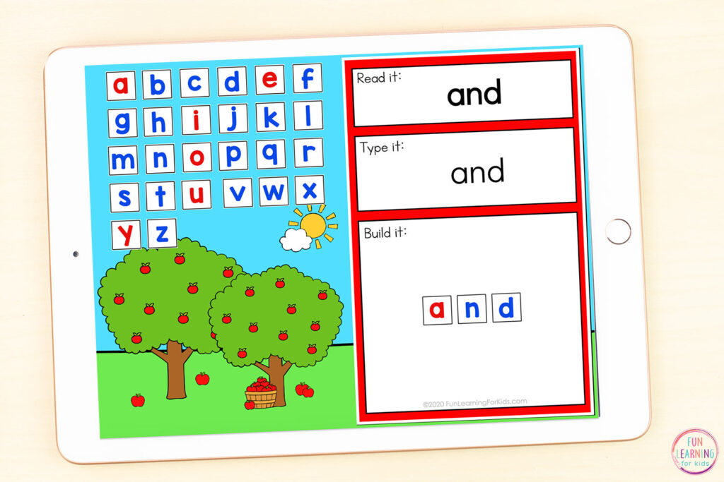Free apple theme sight word building mats for Google Slides and Seesaw.