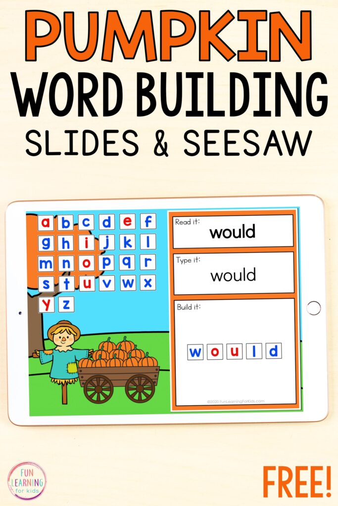 Free paperless pumpkin theme word building activity for Seesaw and Google Slides.