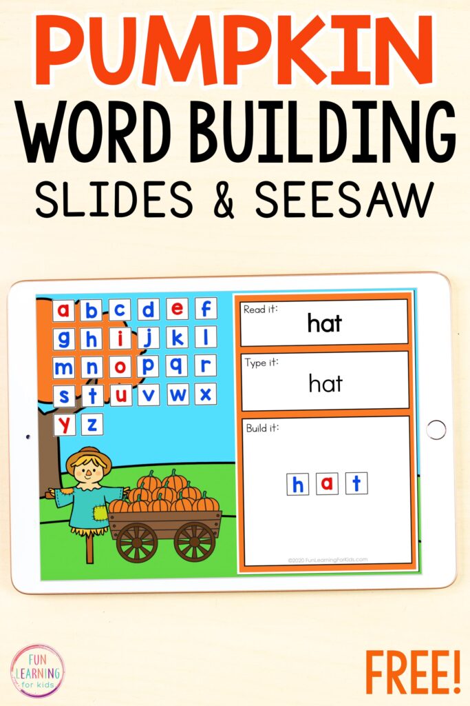 Free pumpkin theme word building mats that are editable and super fun. Use them on Google Slides or Seesaw.