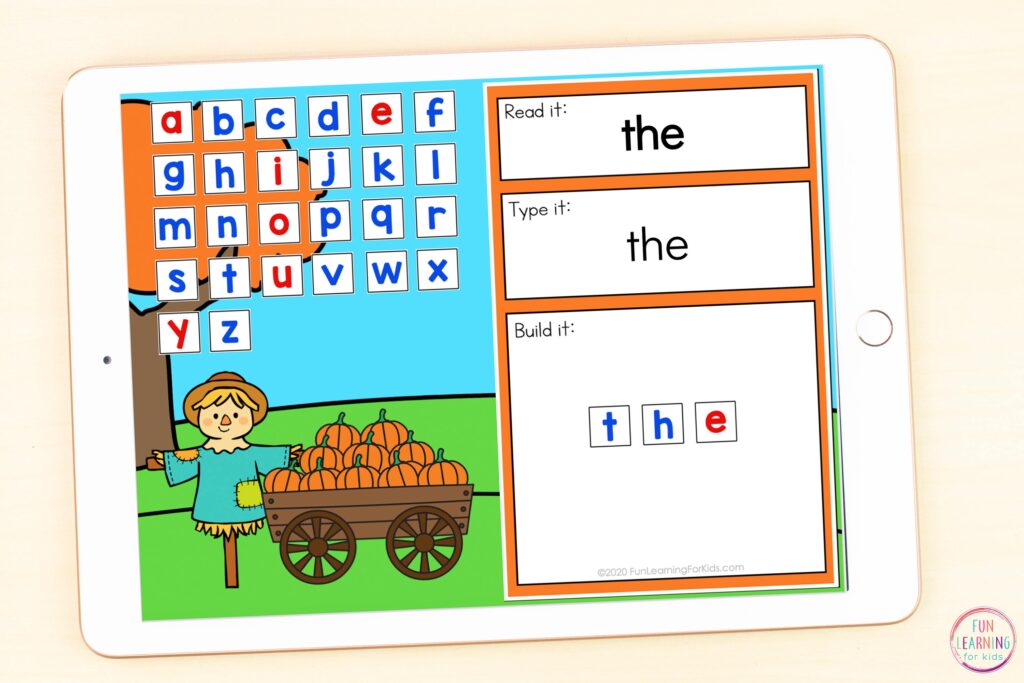 Free paperless word building mats with a pumpkin theme
