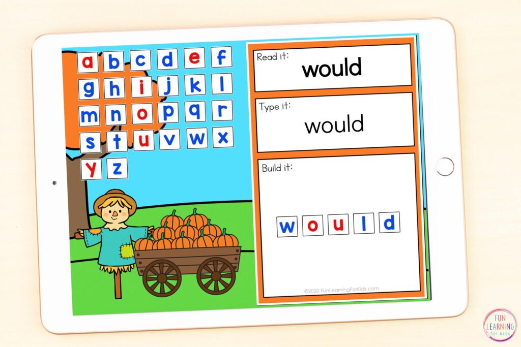 Free editable pumpkin word building mats for Seesaw and Google Slides.