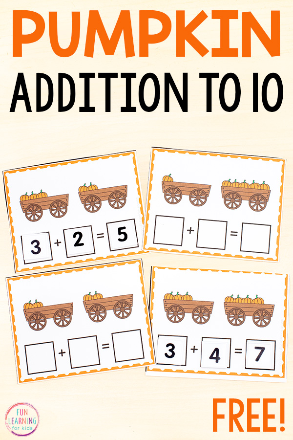 Free printable pumpkin addition to 10 math activity cards. Students count the pumpkins and build the number sentence to with number tiles.