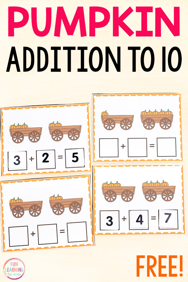 Free printable pumpkin theme addition activity for kindergarten and first grade.