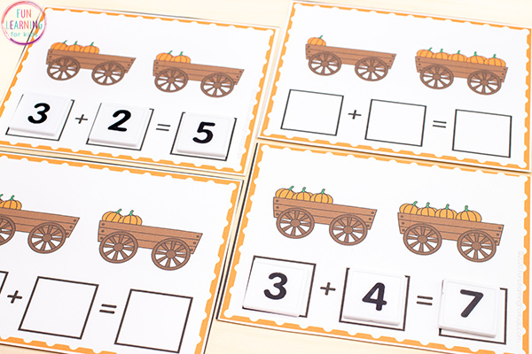 Free printable pumpkin theme addition cards where students count pumpkins and build an addition sentence to match.