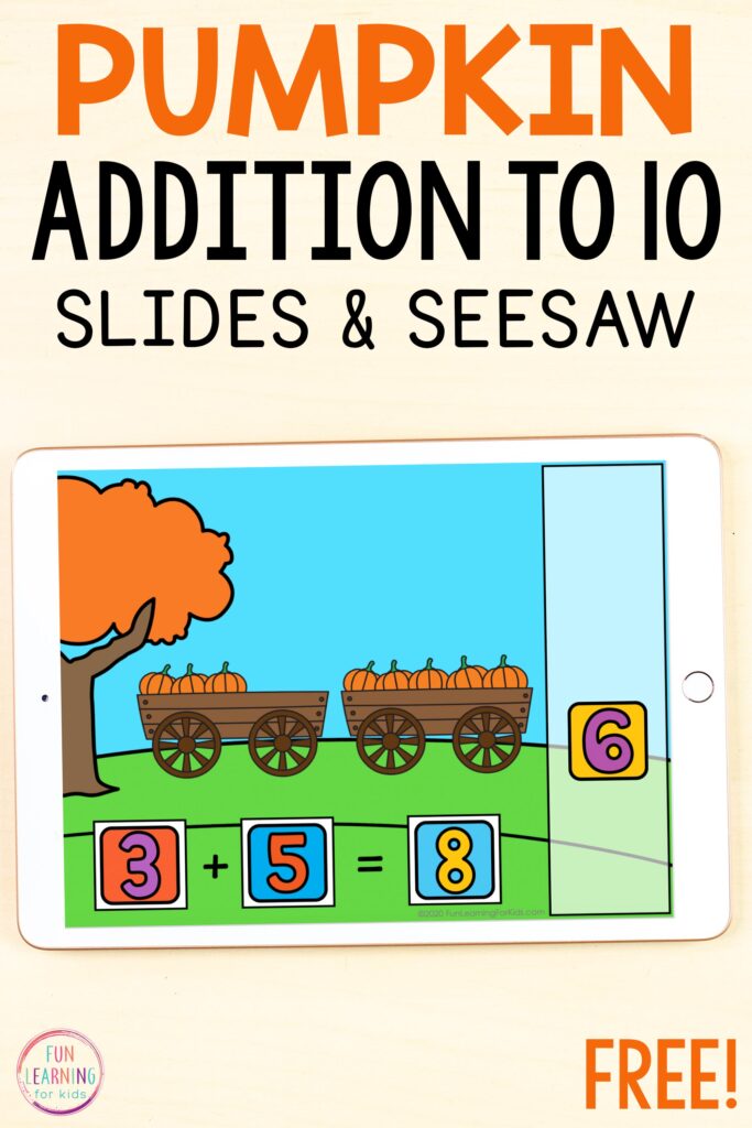 A free pumpkin addition to 10 math activity for Seesaw and Google Slides. 