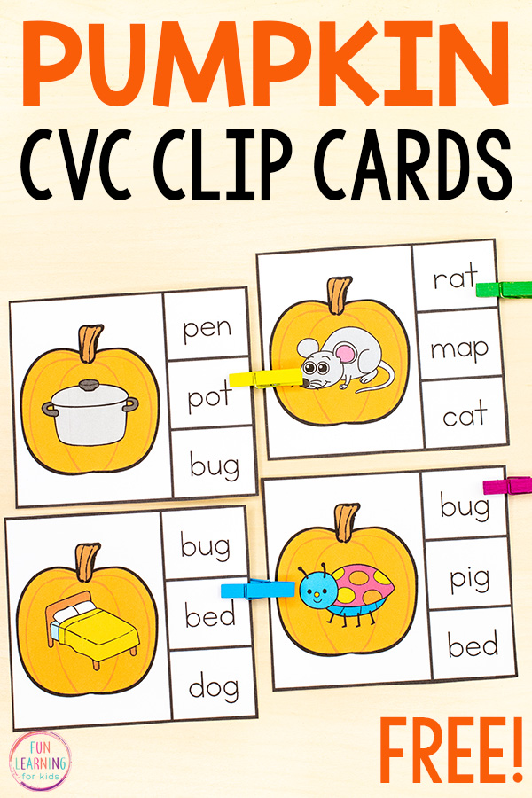 Free printable pumpkin CVC clip cards activity for kindergarten and first grade. 