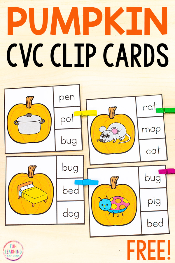 Free printable CVC matching clip cards with a pumpkin theme for your October literacy centers or morning work bins.