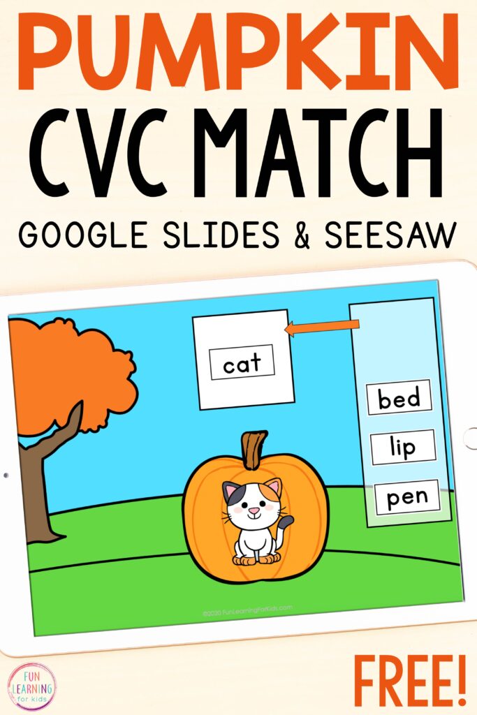 Free pumpkin CVC matching activity for Google Slides and Seesaw. 