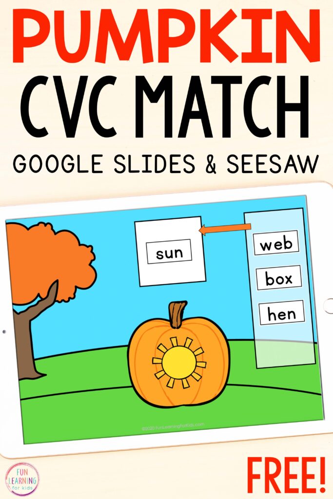 Free pumpkin CVC activity for kindergarten, first grade, second grade. 
