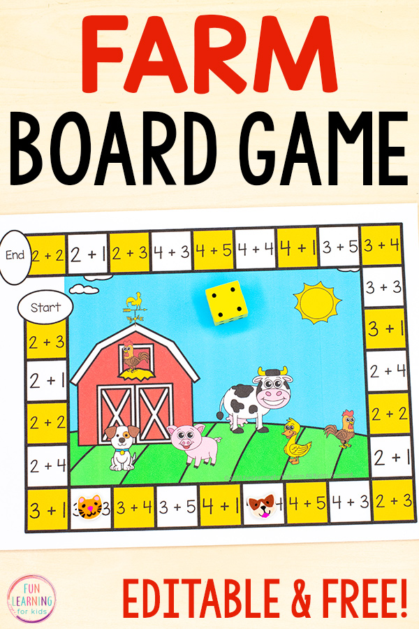 Free printable editable board game with farm theme pictures.