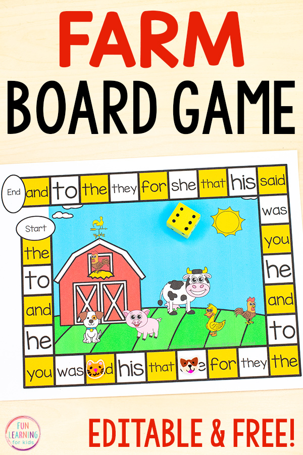 A free printable editable board game 
with a farm theme for teaching a variety of math and literacy skills.