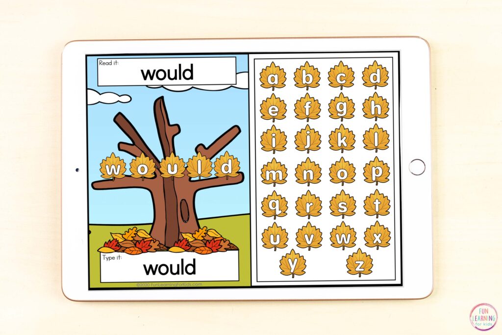 Free paperless fall word work activity for kindergarten, first grade, and second grade.