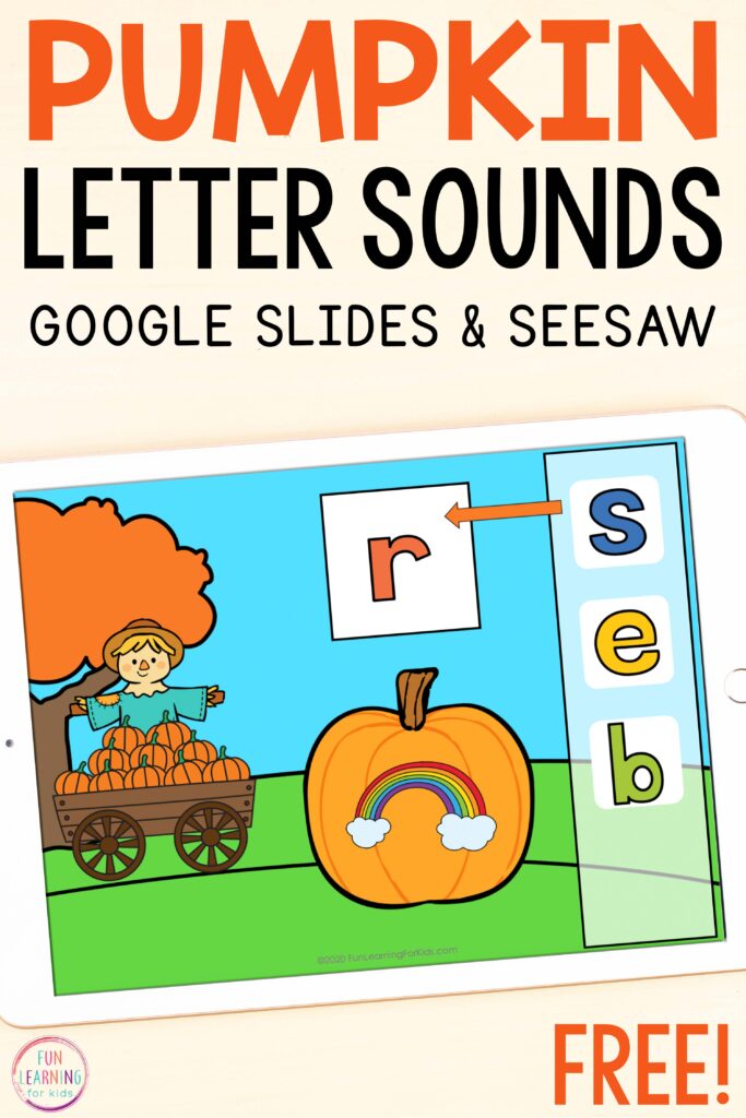 Free Google Slides and Seesaw beginning sounds activity for your pumpkin theme.