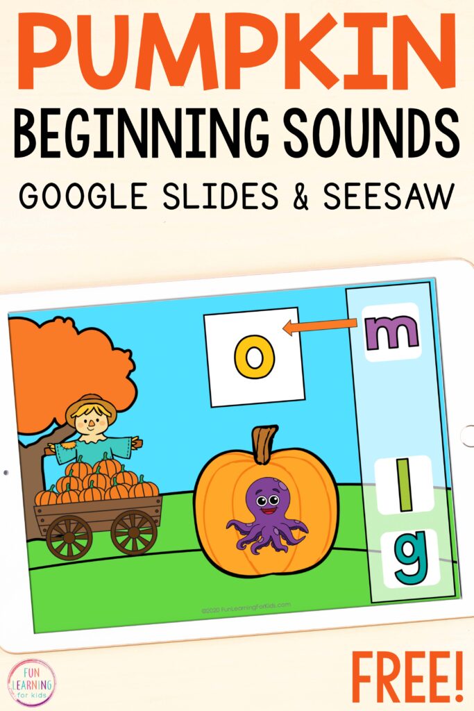 Free pumpkin alphabet beginning sounds activity to use on Google Slides or Seesaw this fall.