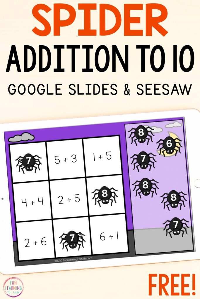 Free Google Slides and Seesaw addition to 10 math activity with a spider theme.