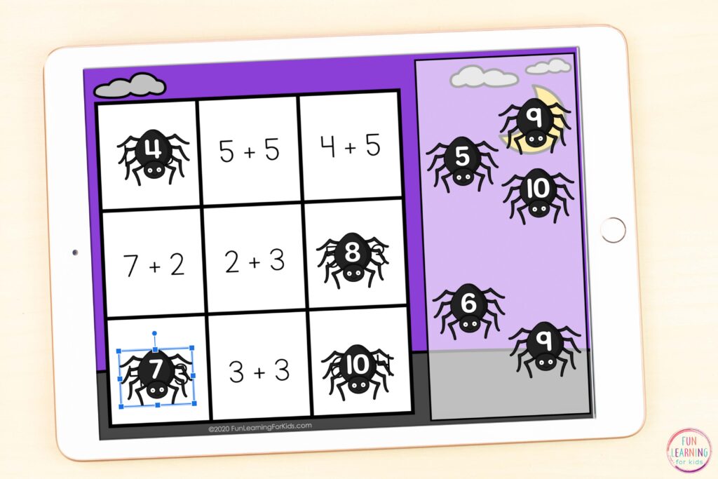 A free paperless spider addition to ten math activity for Seesaw and Google Slides.