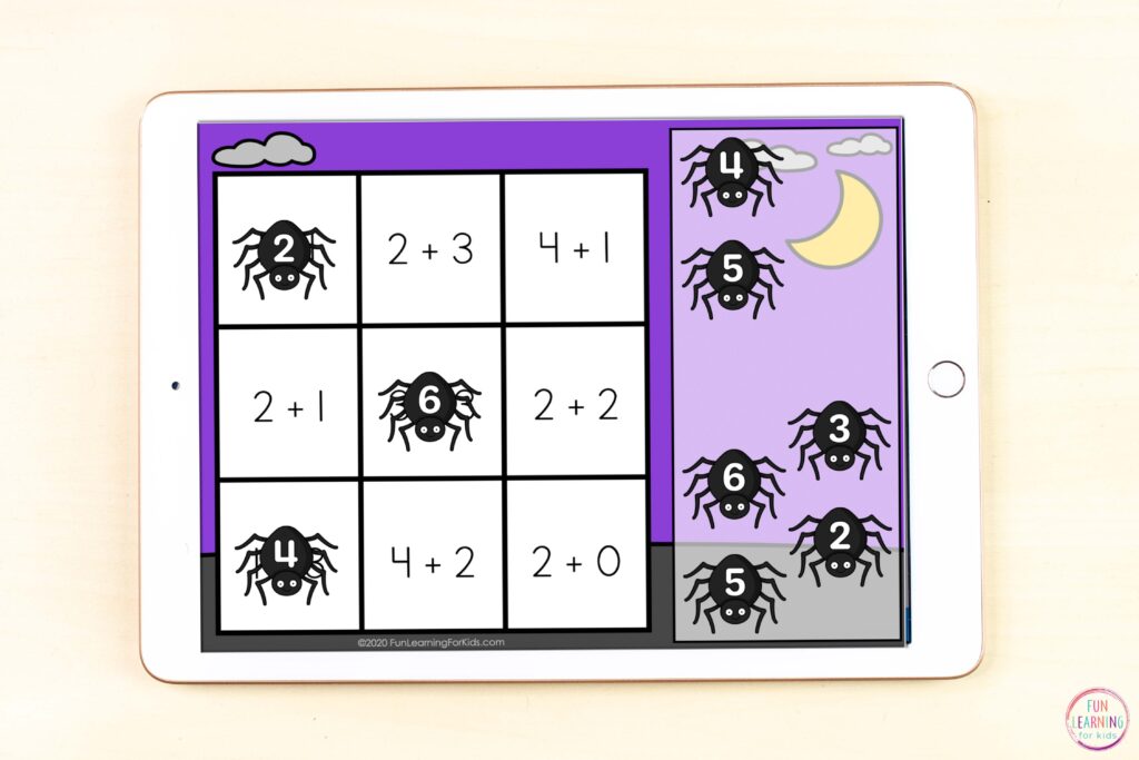Spider theme math activity to learn addition facts on Google Slides or Seesaw.