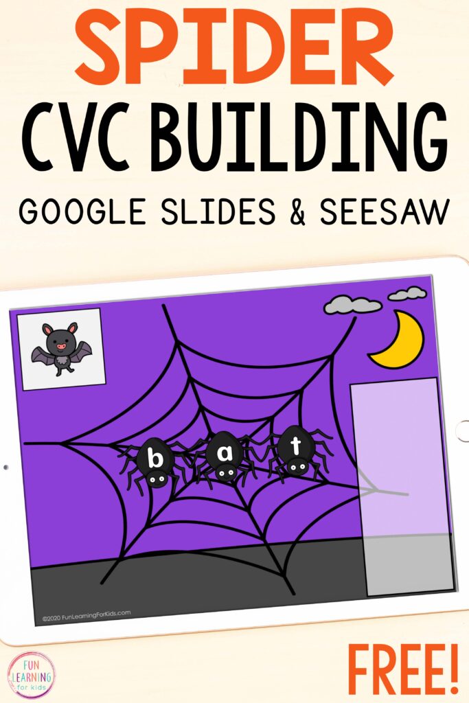Spider theme CVC word activity for Google Slides and Seesaw.