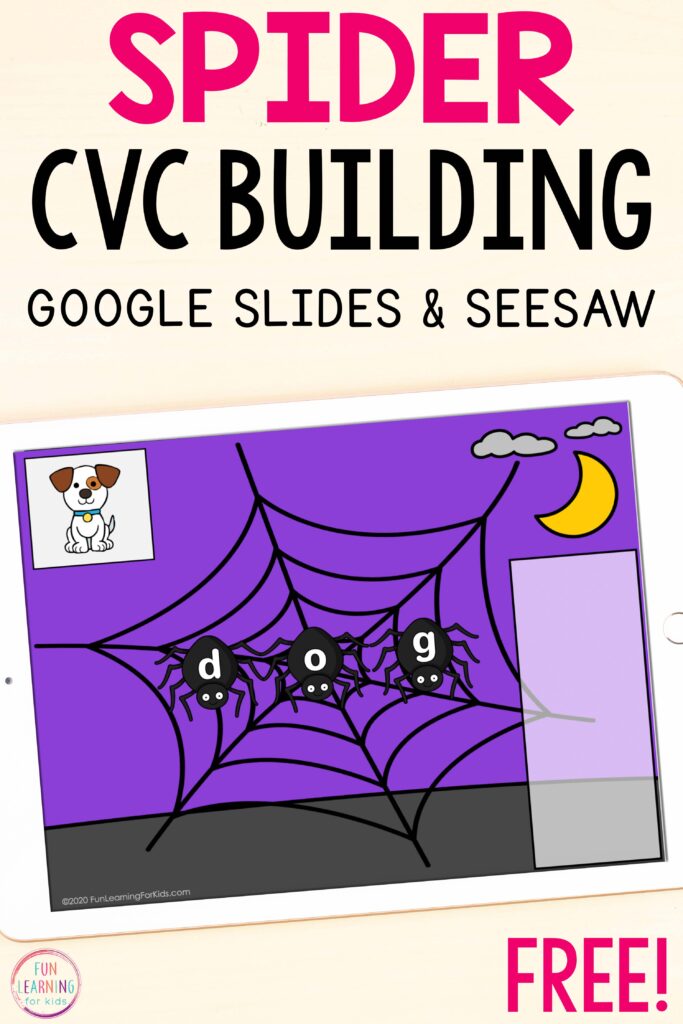 Free digital spider CVC word work activity for Seesaw and Google Slides.